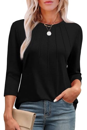 XIEERDUO 3/4 Length Sleeve Womens Tops Dressy Casual School Outfits for Teachers Cute Pleated Tunic Tops to Wear with Leggings Black Summer Tops for Women XL