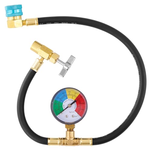 R1234YF Refrigerant Charge Hose Kit, R1234yf Refrigerant Gauge with R1234YF Self-Sealing Can Opener 1/2’’ LH, 90 Degree R1234YF Low Side Quick Coupler, 24'' AC Recharge Hose with Gauge