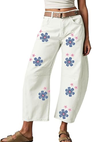 loveimgs Women Baggy Floral Barrel Jeans Sweatpants Boyfriend Flower Printed Mid Rise Wide Leg Jeans Denim Pants Y2k
