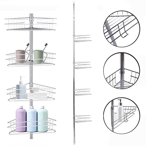 Estantes Baño Telescópica, Estantería para Ducha en Metal de Esquina,Soporte de Cromado con 4 Cestos y Toallero Altura Ajustable 233-243cm, Plata