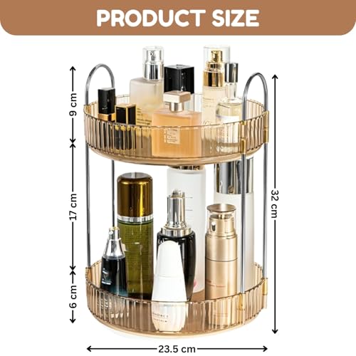 Image of NYALKARAN 360 Rotating Makeup Organizer Large Capacity Cosmetic Storage Box for Vanity Dressing Table & Bathroom Holds Lipsticks Perfume Skincare & Accessories (Golden Amber, 2 LAYER)