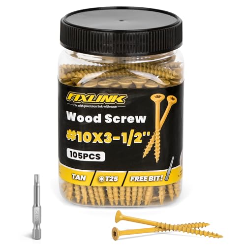 Image of Wood Screws 3-1 /2 Inch, FIXLINK Deck Screws #10 x 3-1 /2 inch, 105 PCS, Epoxy Coated, T25 Star Bit Above 1500 Hour Salt Spray Coating Outdoor Decking Screws Excellent Rust Resistant for Wood Fence, Tan
