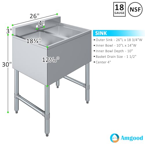 Image of AmGood One Compartment Stainless Steel Under bar Sink (Sink Size: 26 inchx19 inch, Two Bowl)
