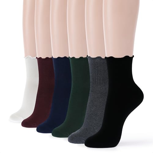 Kikiya Women's Mid-Calf Ruffle Crew Socks - 4/6 Pair Soft Cotton Colorful Casual Dress Socks - Boot Trouser Uniform Size 6-8