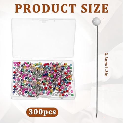 Straight Pins Sewing Pins, 300 PCS Straight Quilting Pin with Colored Ball Glass Head Dressmaker Pin Glass Head Fabric Pinss for Fabric Dressmaker DIY Decoration Craft Project, Long 1.3 Inch