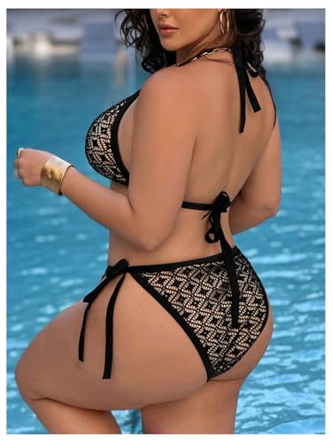 Women Plus Size Thong Bikini Sets String Two Piece Halter Swimsuits with Tie Side Bottom2