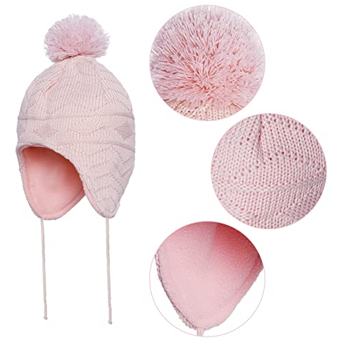 Obmwang Toddler Winter Knit Fleece Lined Earflap Hat Scarf And Warm Fleece Gloves Set Knit Thick Warm Fleece Lined Thermal Sets For Toddler And Little Girls 1-3 Years Pink thumb #3