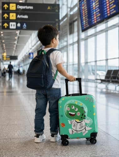 Image of Kids Carry On Luggage with Wheels,18-inch Hard Shell Suitcase Lightweight Toddler Rolling Trolly with Retractable Handle,Durable Hardside Spinner Trolly for Airplane Travel (Green Dino)