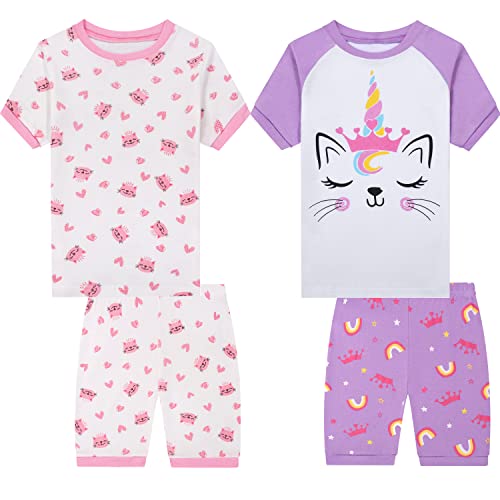 Joyond Girls Pure Cotton Summer Pjs Size 2T-14Years, Little Girls Short Sleeve 4-Piece Sleepwear Kids Toddler Pajamas Set