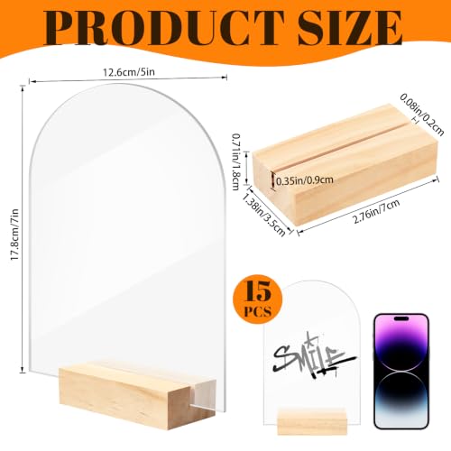 Image of Bercoor 15 Pack 5x7 Inch Blank Clear Arch Acrylic Sign with Wooden Stands, Arched Round Top Acrylic Sheet, DIY Acrylic Arch Table Numbers for DIY Name Card Gifts Event Party Sign Decoration