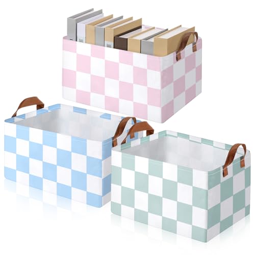 Image of Boao 3 Pcs Pink Green Blue Checkered Storage Basket with Handle Cute Car Baskets Gingham Classroom Laundry Toy Storage Bin Organizer Canvas Plaid Hamper for Dormitory Home Nursery Bathroom Bedroom