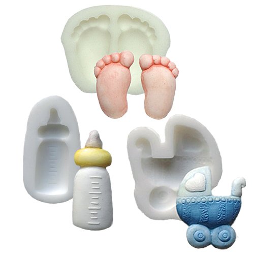 Mini Sculpture Moulds Neutral Silicone Moulds - Set Of Three - Babies Pram, Bottle & Baby Feet - Food Safe