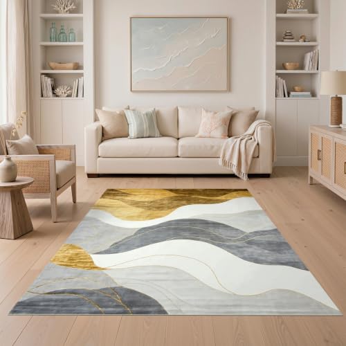 ODIKA 5'x7' Gold Gray Modern Dynamic Waves Ultra-Soft Area Rug