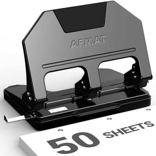 Image of AFMAT 3 Hole Punch Heavy Duty, 9 /32 inch Hole Diameter, 50-Sheet 3 Hole Puncher for Binder, 50% Reduced Effort, Metal Three Hole Punch w / 10,000+ Uses, Bulit-in S.S. Paper Guide, Large Chip Tray, HPX5