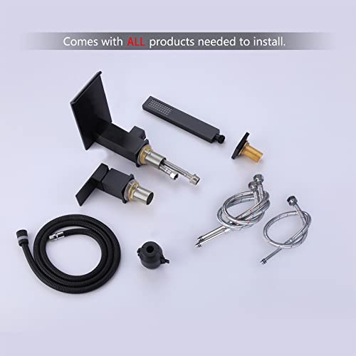 Niitawh Waterfall Roman Tub Faucet With Hand Shower Matte Black High Flow Bathtub Faucet 3 Hole Widespread Tub Filler Deck Mount Solid Brass thumb #4