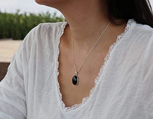 Sterling Silver 925 Oval Black Onyx 15X20Mm Stone Handmade Small Pendant Necklace 18+2 Inches Chain #TOP1