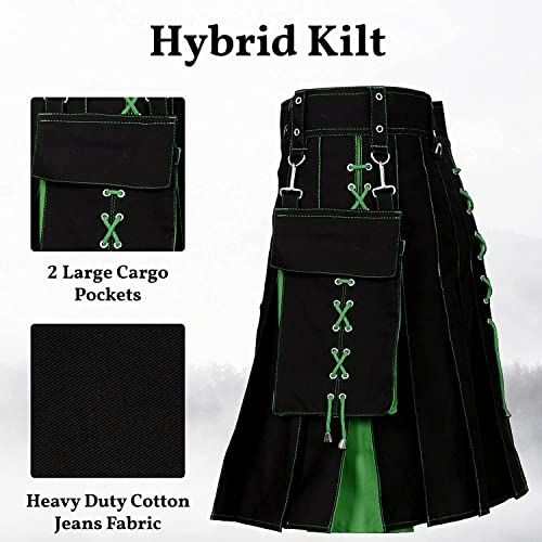 Hybrid Kilts for Men Sport Kilt Traditional Highland 100% Cotton Jeans (Belly Button Measurements 42, Black & Green)4