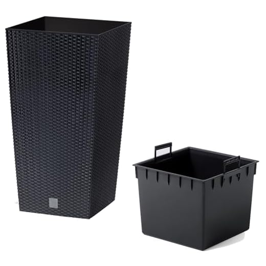 Prosperplast Rattan Blumentopf 26,6 L Anthrazit Übertopf Innen Außen mit Innenkasten wetterfest, schwarz, 26,5 x 26,5 x 50 cm, DRTS265-S433