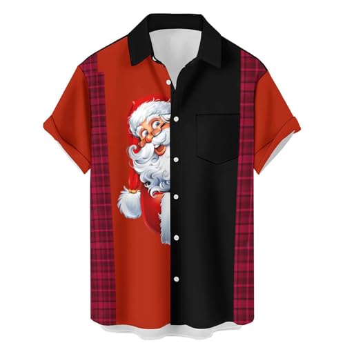 Camisa de Navidad con botones para hombre, camisa de manga corta con bolsillo frontal con solapa, camisa de algodón de Papá Noel para vacaciones, D-negro, M