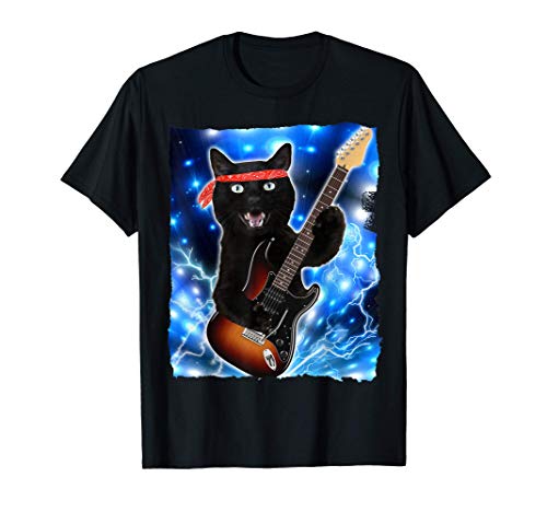 Vintage Black Cat Lover Retro Style Cats Gift Guitarra Camiseta