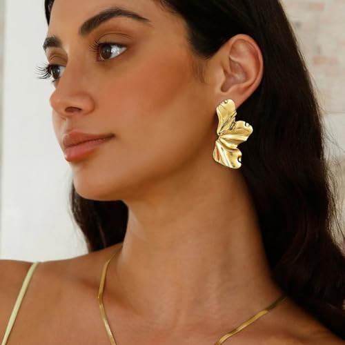 4 Pairs Chunky Gold Flower Dangle Earrings for Women, Gold Plated Irregular Leaf Floral Big Statement Earrings Set3