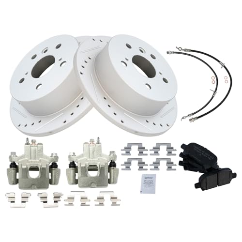 Image of TRQ Performance Rear Brake Pad and Rotor Set Ceramic Slotted Drilled Calipers Compatible with 2006-2007 Toyota Avalon 2006-2008 Solara