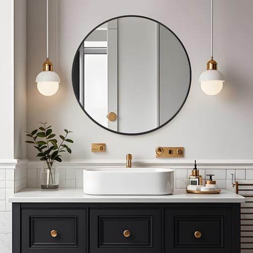 Round Bathroom Mirror 50cm Wall Mounted with Aluminium Metal Frame Black