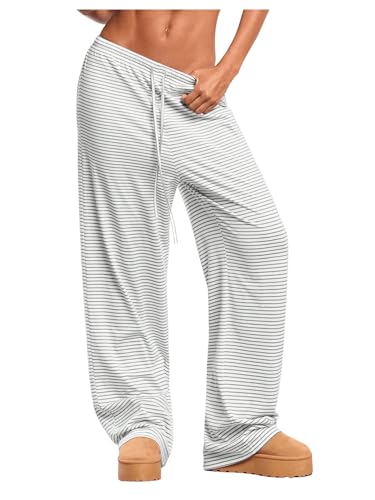 WDIRARA Women's Striped Drawstring Elastic Waist Pants Wide Leg Loose Lounge Pants