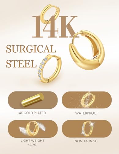 Surgical Steel Huggie Hoop Earrings for Women Set,14K Gold Plated Small Hypoallergenic Lightweight CZ Huggie Earrings, Waterproof Non Tarnish, for Multiple Piercing2