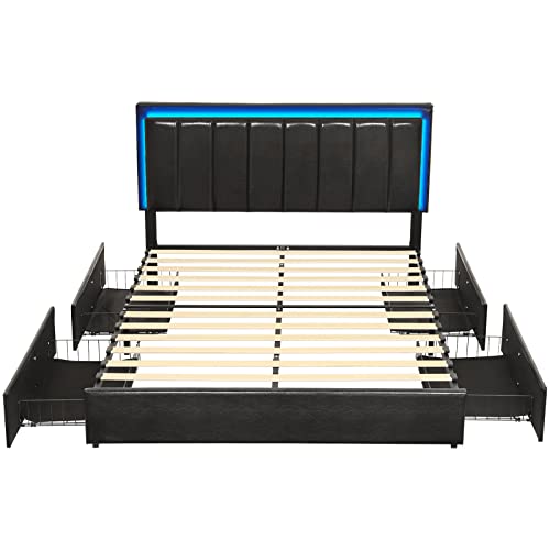 Hasuit Queen Size Bed Frame With Headboard, 4 Storage Drawers, Led Light Usb And Type-C Ports Upholstered Queen Platform Bed Mattress Foundation With Wooden Slats Support, No Box Spring Needed #TOP7