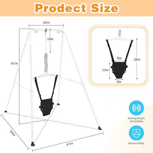 Baby Jumper with Stand, Infant Jumper with Adjustment Strap, Indoor/Outdoor Toddler Swing Set, Baby Jumpers and Bouncers for Boys Girls 6-24 Months, Easy to Assemble & Store (White) - Thumbnail 3