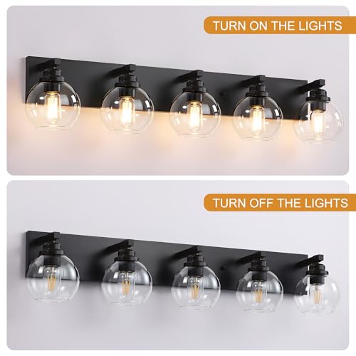 Image of LmnLvn Farmhouse 5-Light Vanity Light, Matte Black Metal with Glass Shade
