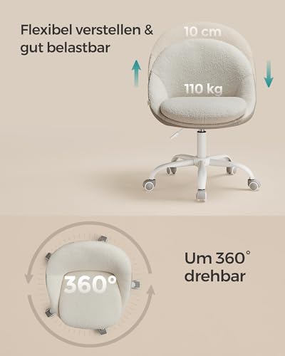 SONGMICS Homeoffice Stuhl, Schminkstuhl aus Sherpa, Schreibtischstuhl, Schaumstoffpolsterung, höhenverstellbar, für Arbeitszimmer, Schlafzimmer, cappuccinobeige-wolkenweiß OBG020W01
