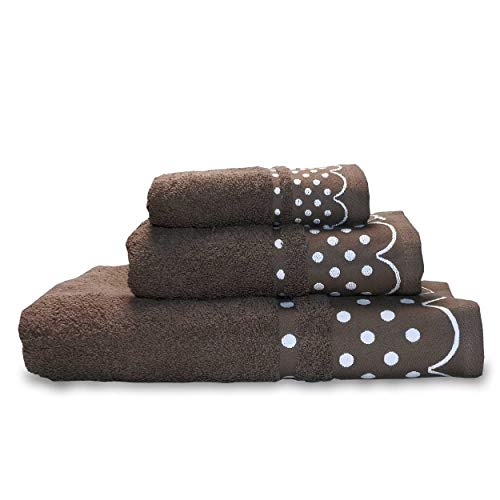 briebe Home Juego de Toallas Baño 100% algodón Rizo 450gr, Set 3 Piezas, Polka Dots, 3 tamaños Ducha Sábana, Manos, Tocador, Cenefa Lunares Bordada, Hecho en Portugal (Chocolate)