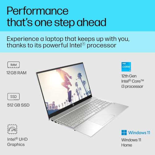 Image of HP Pavilion 15, 12th Gen Intel Core i3-1215U, 15.6-inch (39.6 cm), FHD, 12GB DDR4, 512GB NVMe SSD, Intel UHD Graphics, Backlit KB, Thin & Light (Win 11, MSO 2021, Silver, 1.74 kg),eg2124TU
