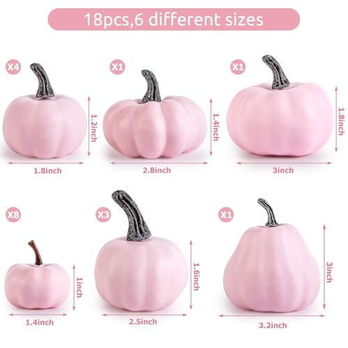DomeStar 18PCS Assorted Pink Foam Pumpkins for Decoration, Little Pink Artificial Pumpkins for Baby Shower Decorations Wedding & Thanksgiving Farmhouse Table