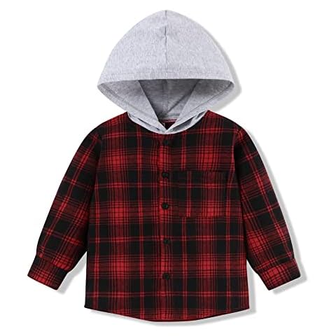 Fuermos Toddler Baby Boy Girls Outfits Plaid Flannel Hooded Long Sleeve T-Shirt Tops Kid Clothes 4-5T Red-grey Cover