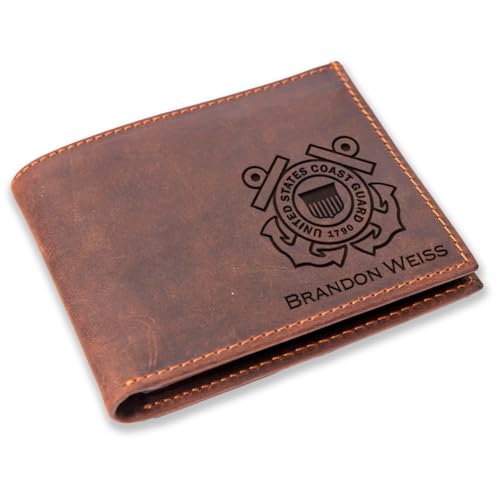 Custom United States Coast Guard Engraved Leather Bifold Wallet, Wallets for Coast Guard Men, US Guard Wallet, Crazy Horse Leather Mens Wallet Bifold