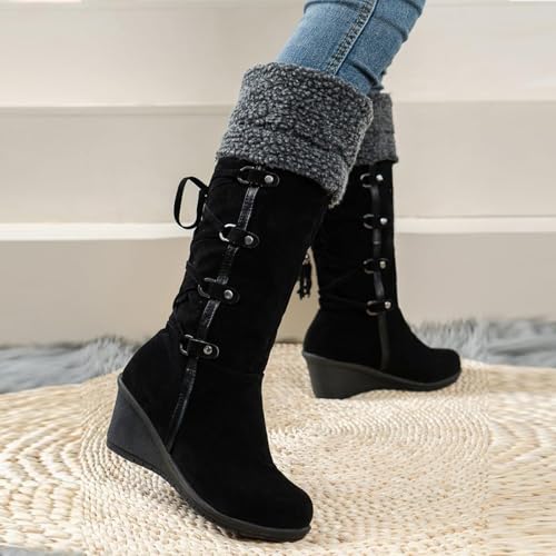 Womens Faux Fur Knee High Boots Fluffy Furry Wedge Heel Pull on Snow Boots Lace up Dressy Warm Winter Shoes4