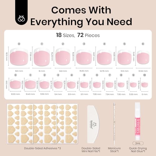 Image of Beetles Toe Nail Press Ons Short French Tip Press On Toenails 72PCS Kit | White French square fake toenails in 18 sizes with jelly glue and fast dry glue for an easy pedicure fit.
