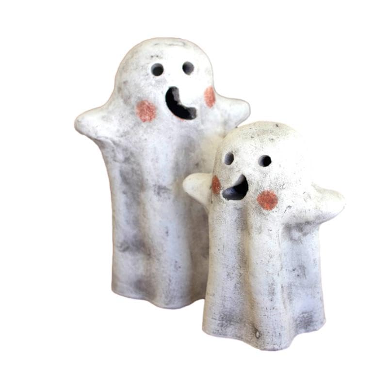 Set 2 Cute Clay Ghost Candle Lanterns Halloween Tea Light Votive Décor 8 in Pair