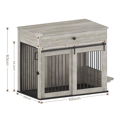 DAWNYIELD Hundekäfig Möbel, Möbel Stil Haustier Kiste mit Schiebetüren, Hölzerne Indoor-Hundezwinger Beistelltisch mit Schublade, Abschließbare Hundehütte mit 360 ° Drehbaren Hundenapf, Grau