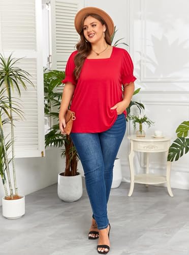 Women's Plus Size Tops Square Neck Blouses Short Sleeve T Shirts Casual Ruffle Trim Sleeve Tunic Tops3