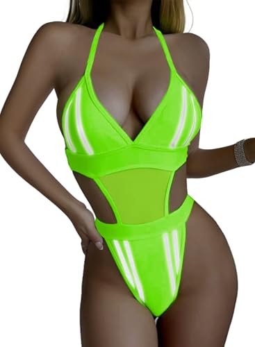 Reflective Rave Outfits for Women - EDC Festival Neon Bodysuit Mesh Lingerie Halter Swimsuit Party Stripe Jumpsuit