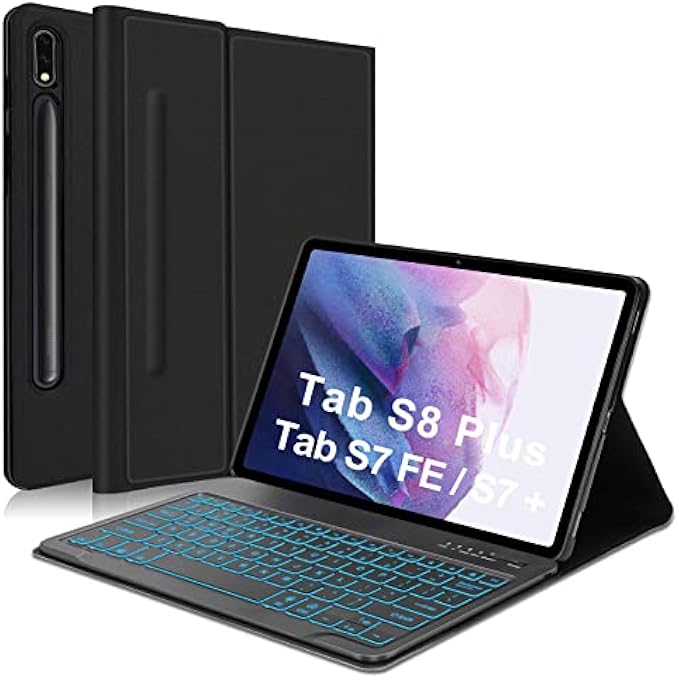 Samsung Galaxy Tab S8+/S7 FE 2021/S7 Plus 2020 Case, Detachable Bluetooth Backlit 12.4" Keyboard Protective Cover with S Pen Holder, Black(Tab Not Included)