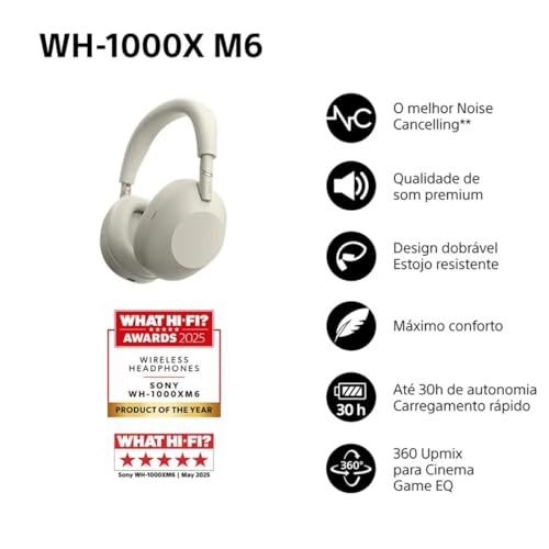 Image of Sony WH-1000XM6 Wireless Bluetooth Headphones with Noise Reduction Black, Unique Hi-Res Sound, Comfortable, Foldable Design, Durable Case, 30 Hours Battery Life, iOS & Android - Platinum Silver
