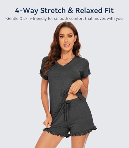 Image of WiWi Womens Pajamas Set Bamboo Viscose Super Soft Short Sleeve Top Ruffle Shorts Sleepwear Cooling Pj Sets S-XXL