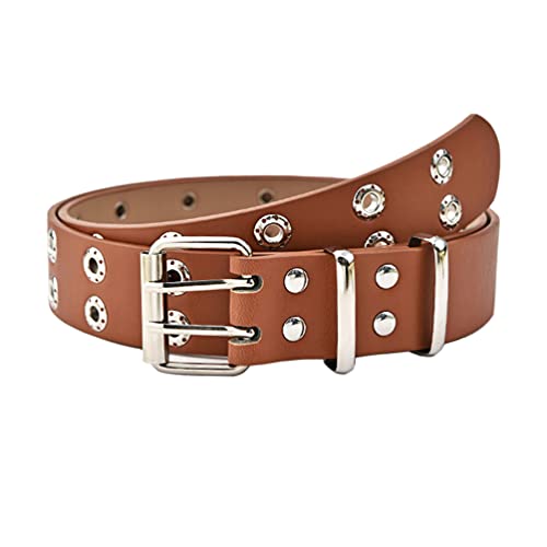 Familyhouse Double Grommet Belt, PU Leather Punk Belt Ladies Eyelet Studded Belt 2 Hole Grommet Jeans Belt