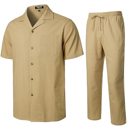 Image of JEMITOP Men's 2 Piece Outfits Summer Relaxed Fit Walking Suit Casual Cuban Guayabera Shirt and Pants Set Beach Vacation