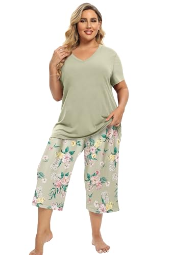Image of Vozanet Women's V Neck Sexy Pajamas Capri Sets Mexican Style Floral Sleepwear 2PCS Totem Casual Nighty Plus Size M to 5XL